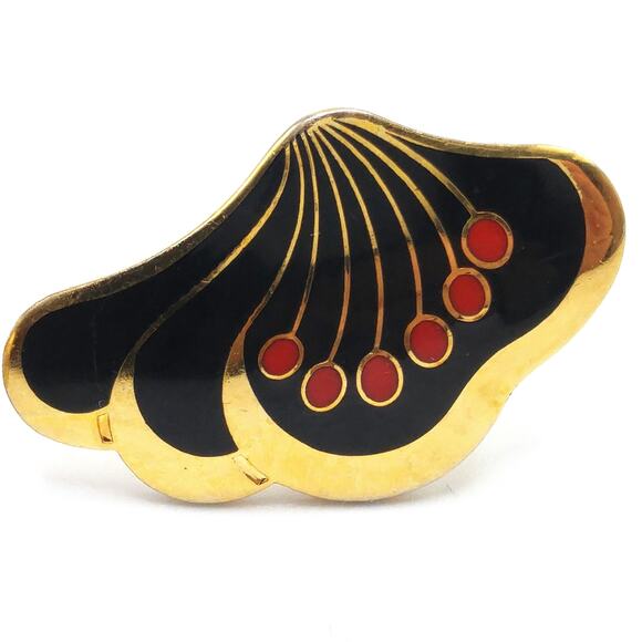 Laurel Burch "Le Fleur" Clip Earrings, Black Red Enamel, Gold Plated, 1980s - Picture 4 of 10